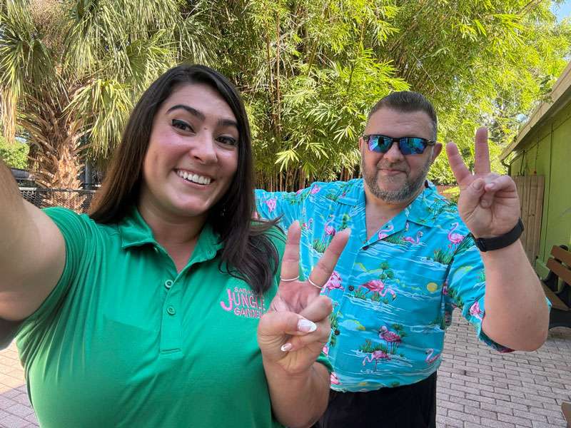 Nichole and Shane, Grapevine Communications social media coordinator and art director, arrive inside Sarasota Jungle Gardens.